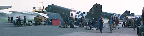 A panorama showing real C-47s with filming in progress.